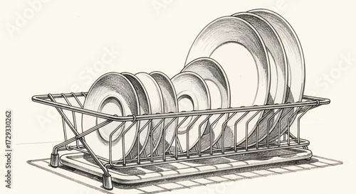 Detailed dish rack drawing with plates, kitchen organization