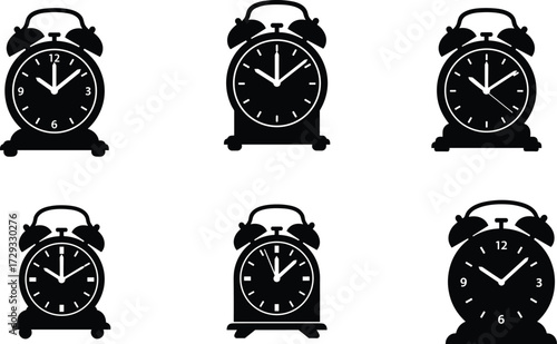 Set of vintage twin bell alarm clocks with modern design variations, mechanical gears, digital overlay, classic retro timepiece vector illustration