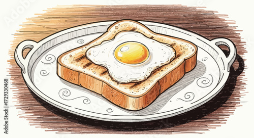 Toast with fried egg on a decorative plate, breakfast illustration