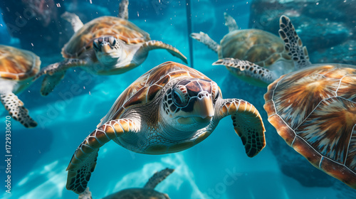 Majestic sea turtles glide gracefully through crystal clear blue ocean waters creating a stunning underwater spectacle of nature's beauty