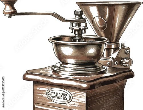Vintage coffee grinder, hand crank mill for cafe, restaurant