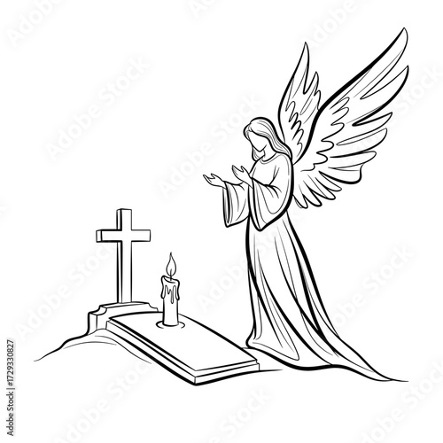 Angel praying beside candle and cross at gravesite  