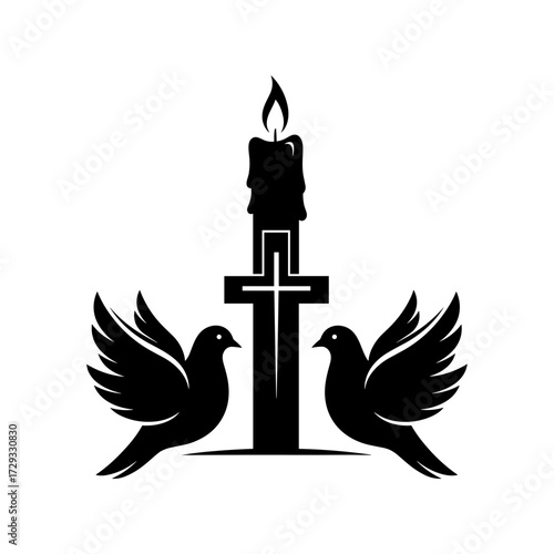 Candle with flame and doves on either side of a cross silhouette  