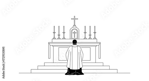 Priest kneeling in reverence at church altar with candles