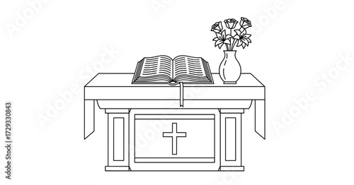 Church altar with open Bible and flowers in decorative vase  