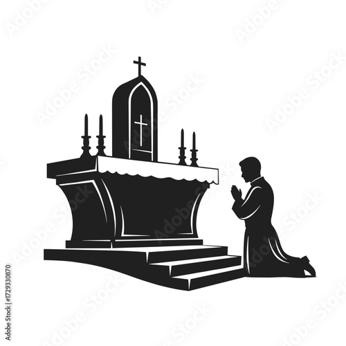 Priest praying at church altar with candles in religious setting  