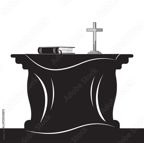 Church altar with Bible and cross in minimalist design  