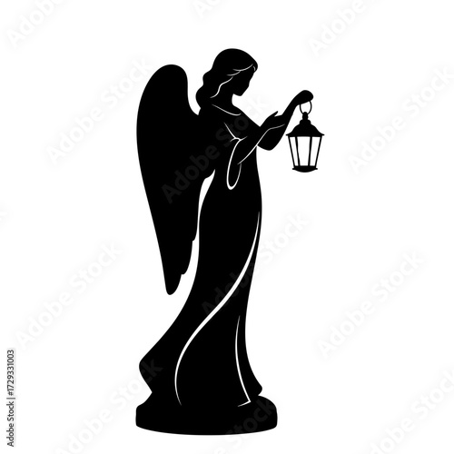 Angel holding lantern in silhouette design on white background  