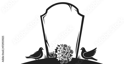 Tombstone with flowers and doves on a grassy background  
