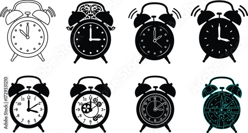 Set of vintage twin bell alarm clocks with modern design variations, mechanical gears, digital overlay, classic retro timepiece vector illustration