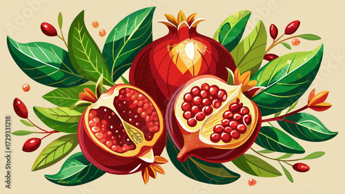 An artistic and natural vibrant pomegranate delightful botanical illustration, showing fresh pomegranates with green leaves on a creamy background, elegant composition reflecting harvest joy and 