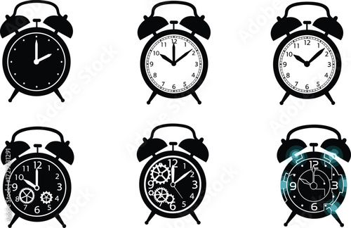 Set of vintage twin bell alarm clocks with modern design variations, mechanical gears, digital overlay, classic retro timepiece vector illustration