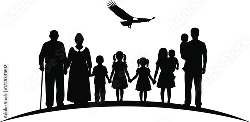 Silhouette, family, community, people, children, parents, grandparents, unity, diversity, generation, eagle, freedom, protection, nature, hill, earth, group, togetherness, support, illustration