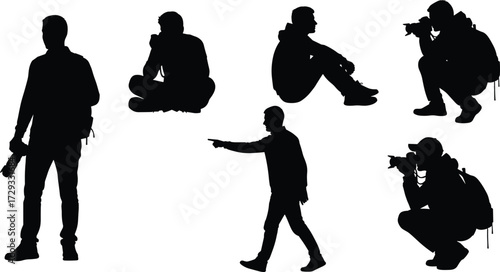 Silhouette collection of professional photographers and enthusiasts in various poses, including using a camera, pointing, and sitting for creative and media concepts