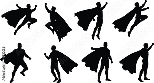 Superhero silhouette, flying hero pose, dynamic action figure, cape flowing, comic book style, powerful stance, heroic character, fantasy illustration