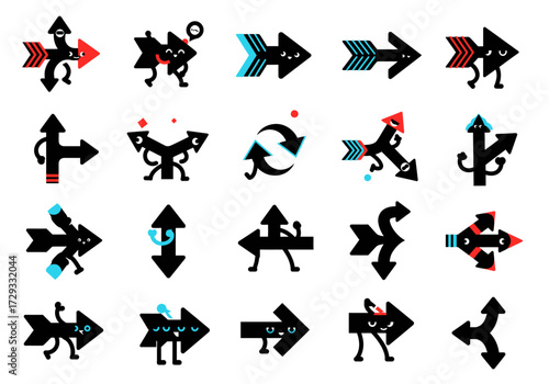 Playful Cartoon Arrow Icons Pack with Expressive Faces and Diverse Directions - Modern Vector Collection