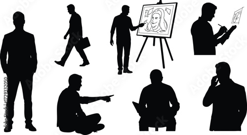 Silhouette collection of professional and creative people in various poses, including business people and artists for corporate and creative concepts