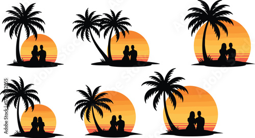 Silhouette romantic couple sitting under palm tree watching tropical sunset love beach vacation summer holiday serenity nature romance illustration