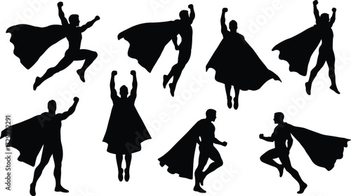 Superhero silhouette, flying hero, action pose, cape flowing, comic book style, heroic stance, bravery symbol, fantasy character, strong defender, power icon