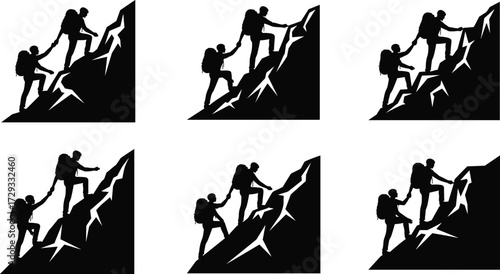 Teamwork silhouettes, mountain climbing, helping hand, hiking partners, adventure support, outdoor cooperation, teamwork concept, climbing assistance, friendship strength