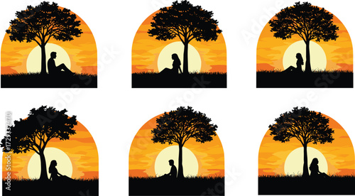 Silhouette person sitting under tree watching sunset peaceful solitude nature scene calm evening summer holiday relaxation serenity landscape illustration