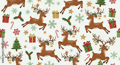 Christmas Seamless Pattern with Reindeer - Vector Illustration