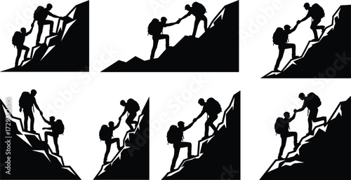 Teamwork silhouettes, mountain climbing, helping hand, hiking partners, outdoor adventure, leadership support, cooperation concept, friendship strength, success together, climbing assistance