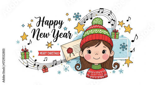 Christmas New Year Scrapbook Card with Cute Girl and Music Notes