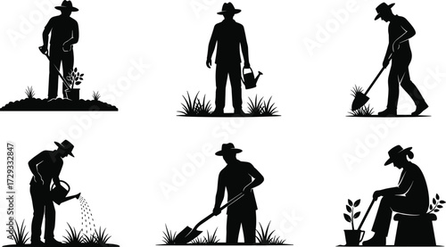 Collection of gardening and farming silhouettes of a man in various poses, including planting, watering, and digging for agricultural and hobby concepts