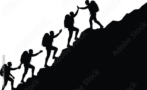 Teamwork silhouettes, mountain climbing, hiking group, helping hands, leadership concept, adventure travel