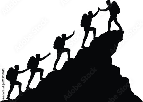 Teamwork, hiking, adventure, mountain climbing, outdoor challenge, group support, helping hands, unity, success, leadership, cooperation, exploration, friendship,