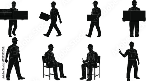 Silhouette collection of construction workers and laborers in various poses, including carrying boxes, walking, and sitting for industrial and manual labor concepts