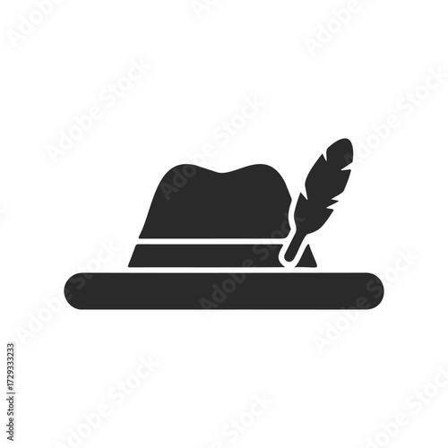 Black feathered hat icon with feather on white background