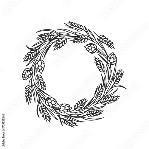 Monochrome circular wreath of hops and wheat
