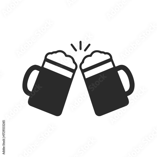 Silhouette of clinking beer mugs with foam and cheers lines