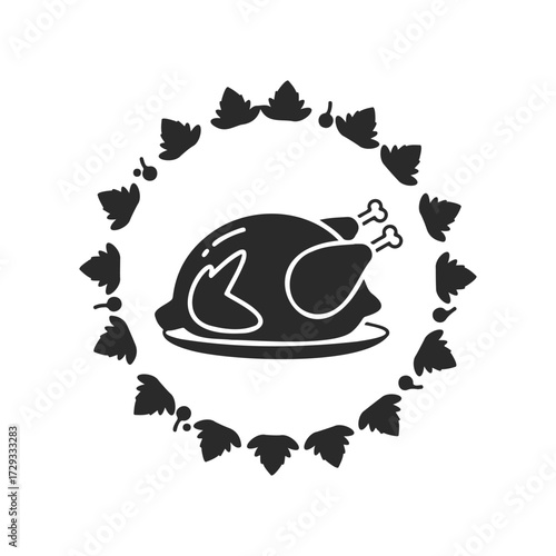 Thanksgiving roast turkey silhouette with leaf border