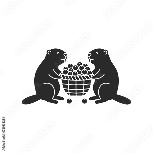 Two beavers collecting apples in a basket silhouette design