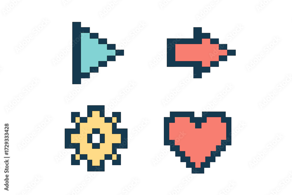 Obraz premium Classic pixelated interface icons set featuring play arrow gear heart symbols for retro gaming and digital design projects