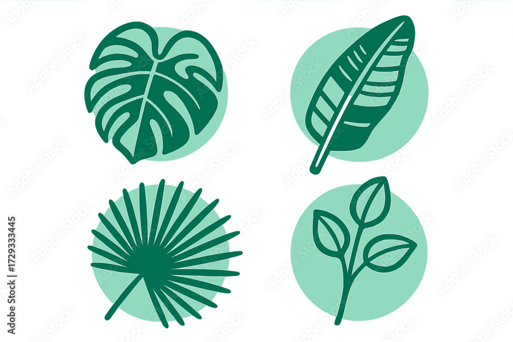 Fototapeta premium Vibrant stylized green tropical foliage collection featuring monstera, banana, and palm leaves on a clean white background, perfect for nature-inspired designs