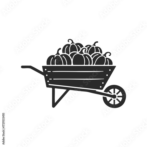 Wheelbarrow filled with pumpkins on white background