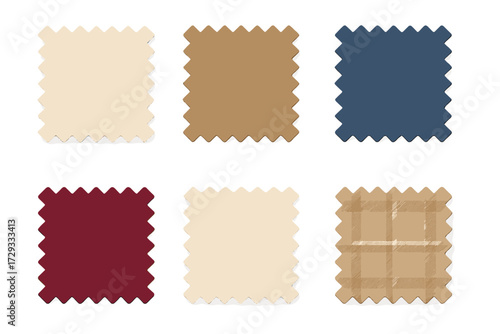 Collection of colorful fabric swatches with various textures and patterns for textile design and interior decoration
