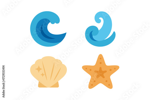 Modern graphic set featuring stylized ocean waves, a sparkling seashell, and a vibrant starfish, perfect for summer and marine-themed designs