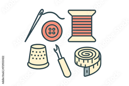 Assortment of essential sewing tools and accessories including needle, thread, button, thimble, seam ripper, and measuring tape for tailoring and craft projects