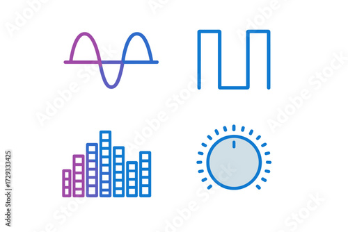 Audio sound waves, equalizer bars, and volume control knob icons for digital interface design