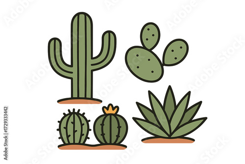 Stylized desert plants collection featuring saguaro, prickly pear, barrel cacti, and agave in a graphic design