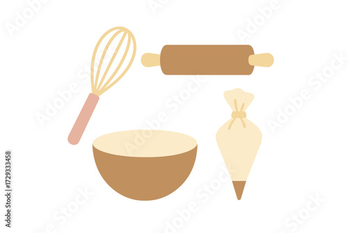 Essential baking tools set with whisk, rolling pin, mixing bowl, and piping bag for pastry preparation