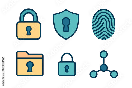 Digital security and data protection symbols with padlock, shield, fingerprint, folder, and share for online privacy and network safety