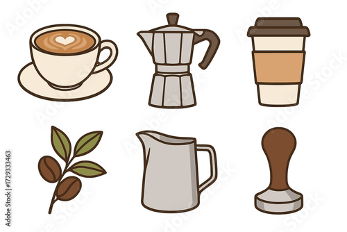 Collection of various coffee elements including a latte cup, moka pot, disposable cup, beans, milk pitcher, and tamper