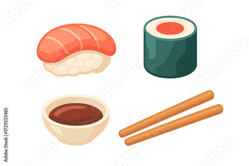 Traditional Japanese sushi set featuring fresh nigiri, maki roll, soy sauce bowl, and wooden chopsticks