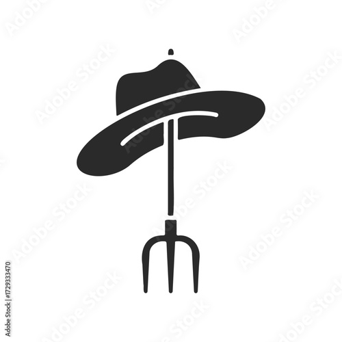 Gardening icon: hat on pitchfork silhouette
